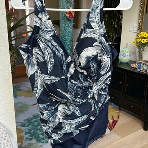 Miraclesuit Blue and White One Piece Swimsuit with Plunging V-Neck